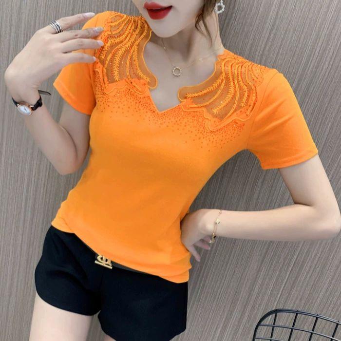 브이넥 반팔 댄스복 여름 라인 펄 반짝이 레이스 빅사이즈 블랙 M - 상세 이미지 2