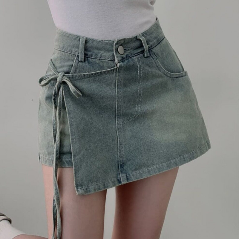데님 랩스커트 치마 바지 미니 숏 팬츠 청치마 반바지 방송댄스복 줌바댄스 데일리 캐주얼 - 상세 이미지 2