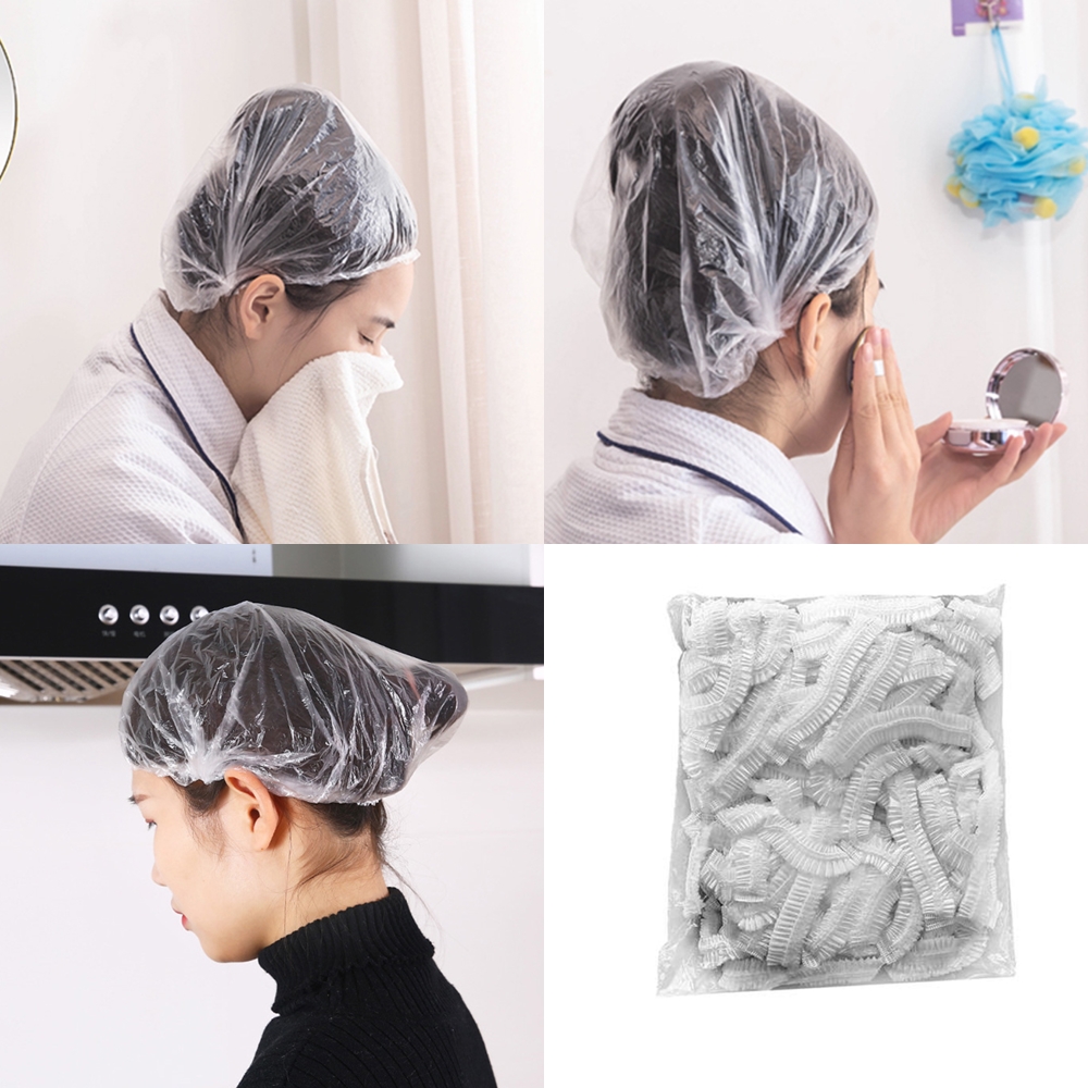 100p 일회용 헤어캡 머리 비닐 샤워 염색 위생 모자 투명 머리카락 - 상품 이미지