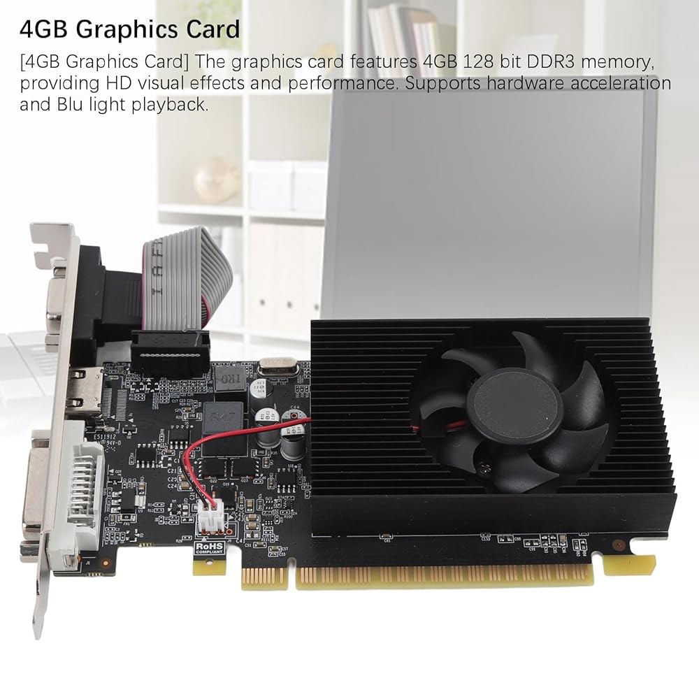 유니어 GT740 4GB 로우 프로파일 그래픽 카드, 128비트 싱글 팬 게이밍 그래픽, 팬이 있는 DVI VGA HDMI PCI E 3.0 X16 컴퓨터 비디오 엔트리 레벨 PC - 상세 이미지 2