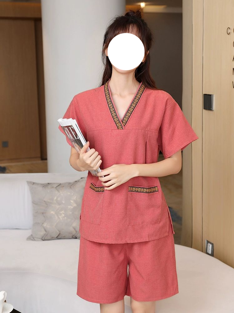 찜질방옷 숯가마 찜질복 스파복 황토 얇은 린넨 면직물 자수 칼라 레드 여성용 XL - 상세 이미지 2