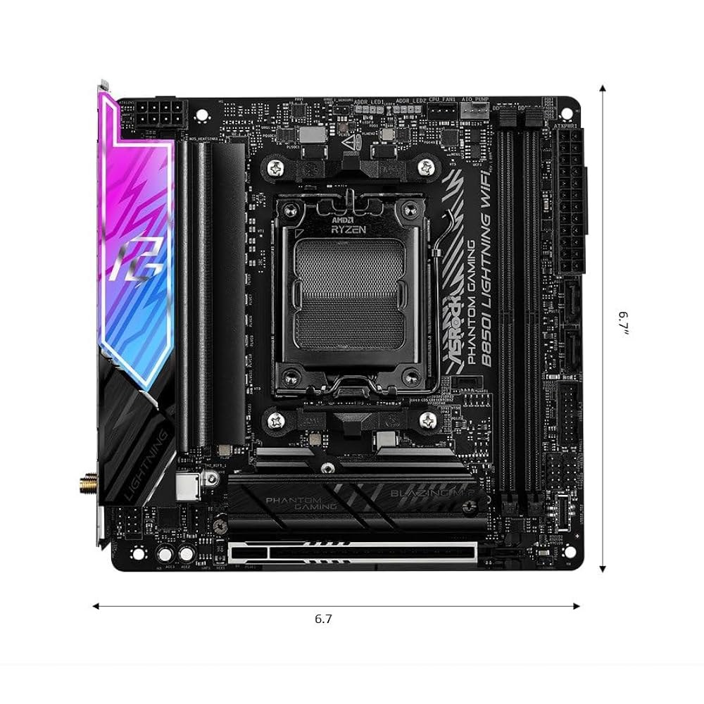 ASRock AMD B850i 라이트닝 WiFi 6E 소켓 AM5 Ryzen 9000 /8000 /7000 시리즈 DDR5 8200+ (OC) MHz 128GB 미니 ITX 마더보 - 상세 이미지 2
