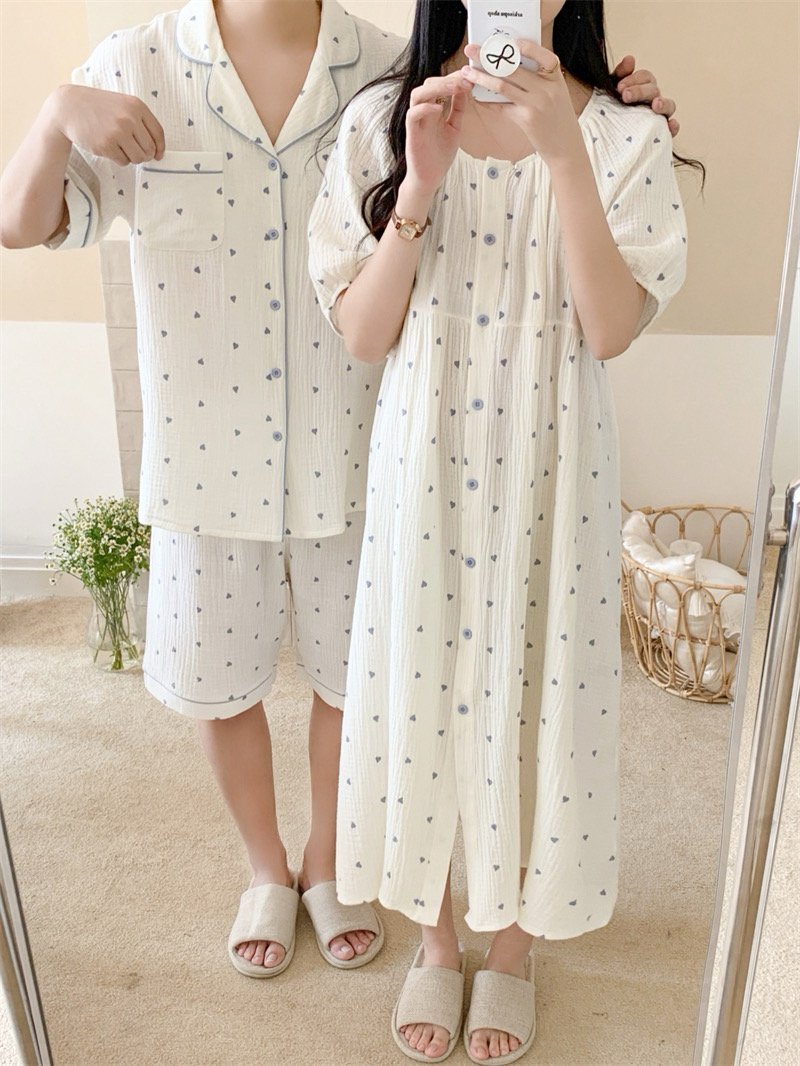 하트 요루면 커플 반팔잠옷 반바지 빅사이즈 임산부 수유 파자마 홈웨어 여름 - 상세 이미지 3