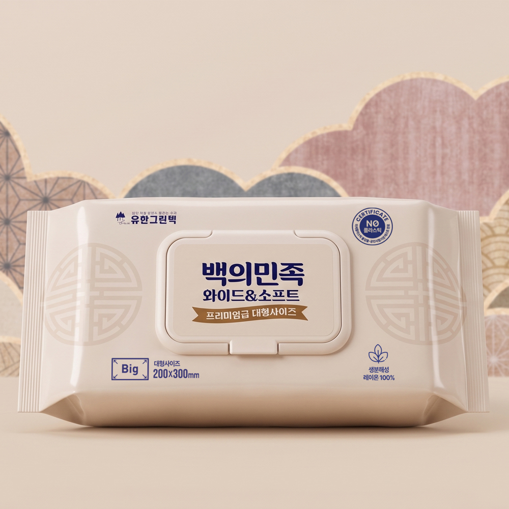 백의민족 60매12팩 대형 사이즈 요양병원 간병 피부저자극 레이온 100% 생분해 물티슈 - 상세 이미지 2