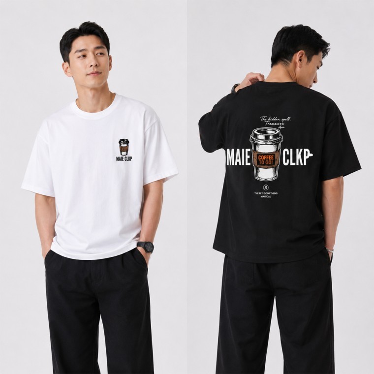 커피 레터링 백프린팅 면 반팔 티셔츠 URD-1008762 - 상품 이미지
