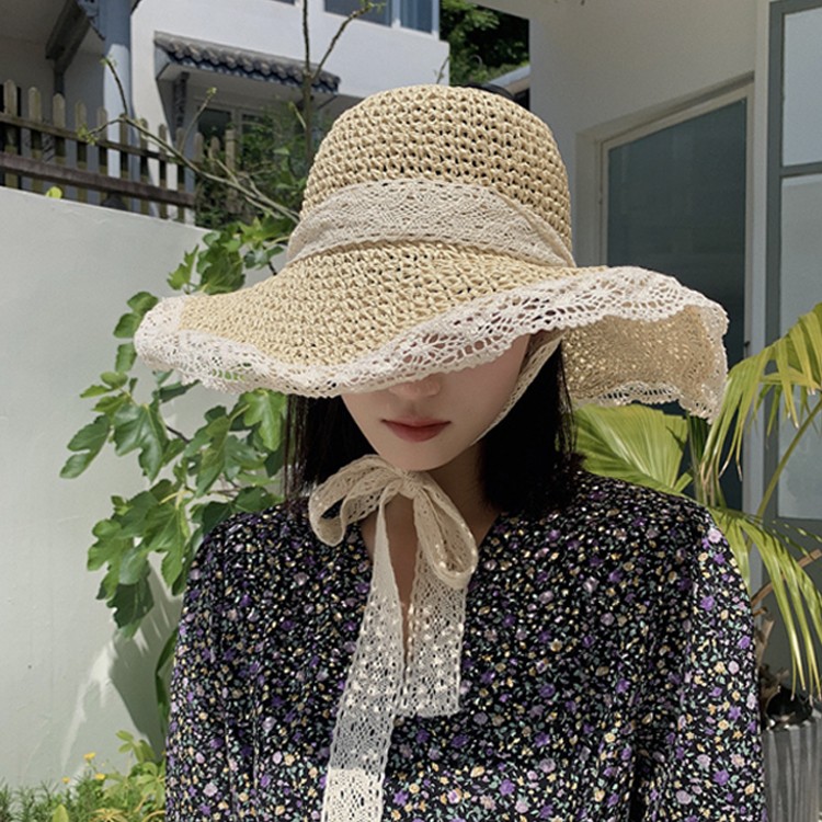 스토로우 리본 레이스 왕골모자 썬캡 챙모자 여성 자외선 햇빛 차단 라피아 여름 햇 밀짚 왕골 - 상품 이미지