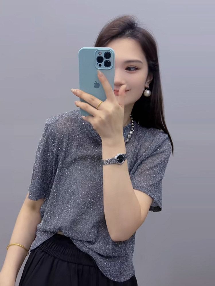 반팔 셔링티셔츠 퍼프소매 반짝이 댄스복 셔링블라우스 긴팔 여름 여성 레이스 남방 시스루 - 상세 이미지 5