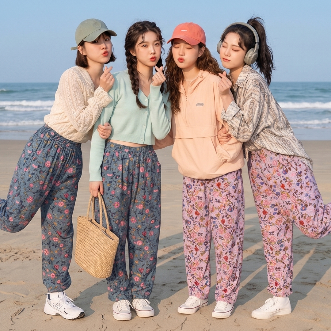 편안한 인견 9부 밴딩 팬츠 꽃무늬 촌캉스 할머니 몸빼 바지 - 상품 이미지