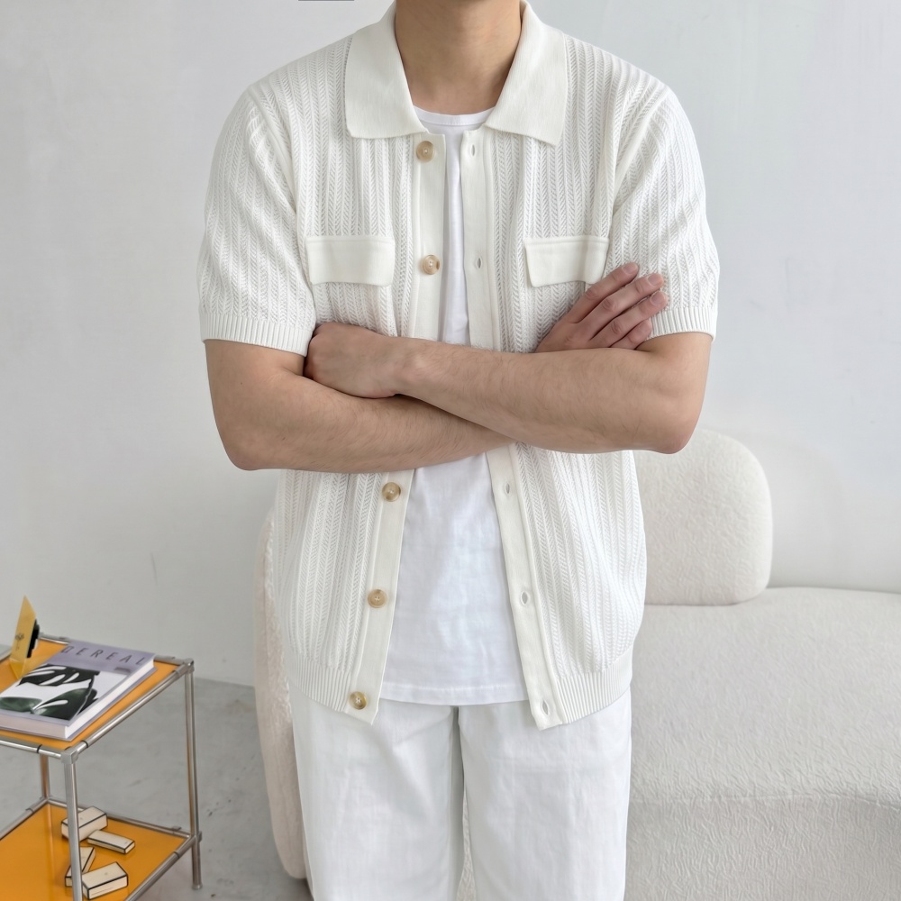 여름 오버핏 레이어드 아가일 그물 남자카라반팔가디건 자켓 이미지 8