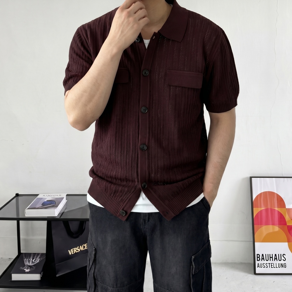 여름 오버핏 레이어드 아가일 그물 남자카라반팔가디건 자켓 - 상세 이미지 3