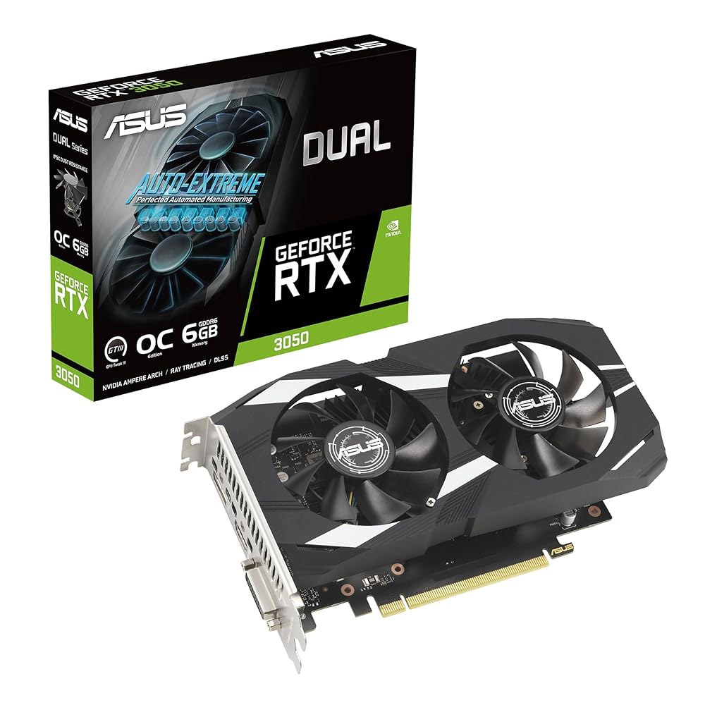ASUS 듀얼 엔비디아 지포스 RTX 3050 6GB OC 에디션 게이밍 그래픽 카드 - PCIe 4.0, GDDR6 메모리, HDMI 2.1, 디스플레이포트 1.4a, 2슬롯 - 상품 이미지
