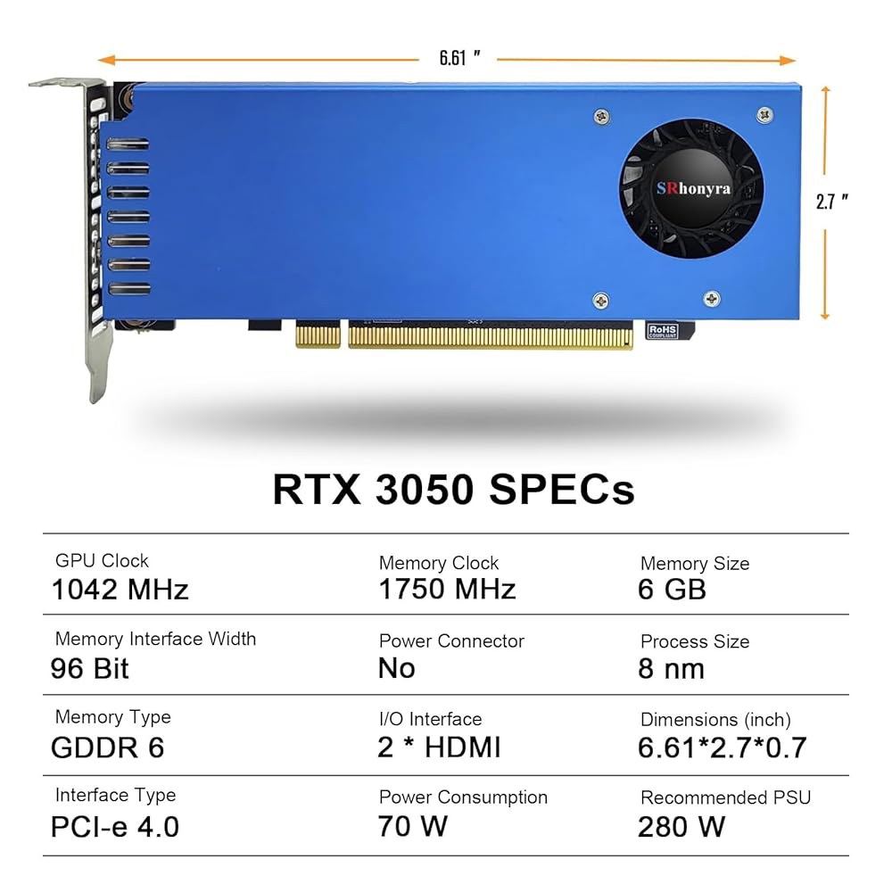 SRhonyra RTX 3050 6GB GDDR6 로우 프로파일 그래픽 카드 96비트 듀얼 HDMI 지원 모니터 설정, PCIe 4.0 x 16 버스 전원, 컴팩트 PC 케이스용 - 상세 이미지 3