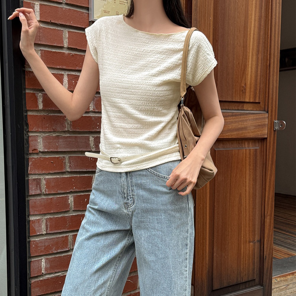 링클 보트넥 캡소매 티 블라우스 이미지 6