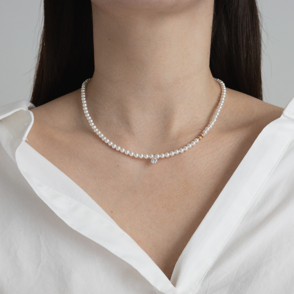 14k 4mm 컷팅볼 큐빅 진주 비드 목걸이 OPPN0156 - 상세 이미지 2