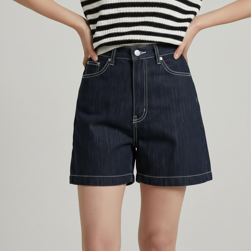 여름 생지 진청 4부 반바지 데님 숏팬츠 하이웨스트 - 상세 이미지 2