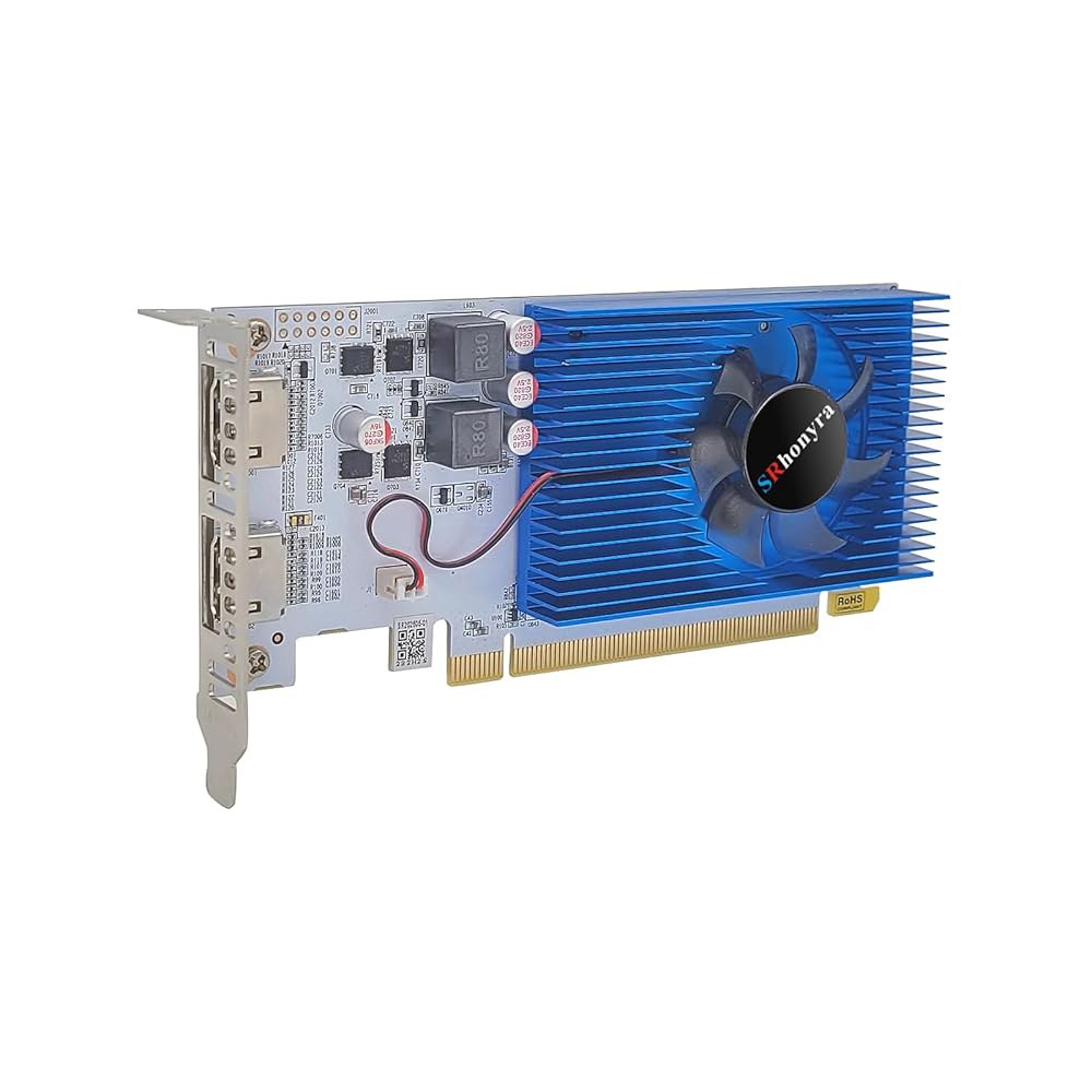 SRhonyra R5 230 로우 프로파일 그래픽 카드 2GB DDR3 듀얼 HDMI 1080P PCIe 2.0 x 16 버스 전원 지원 스플라이싱 모드 20와트 SFF GPU - 상품 이미지