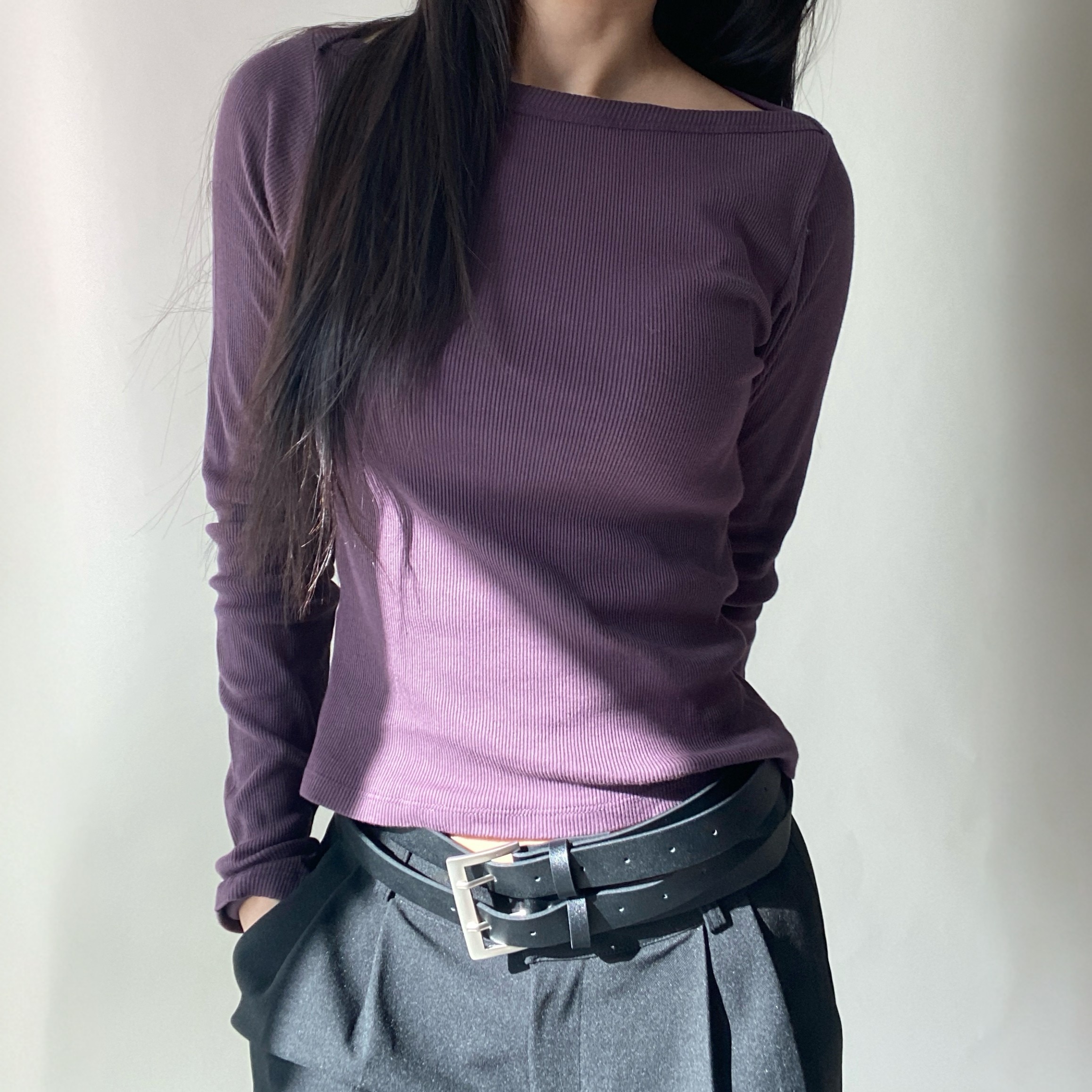 여성 골지 슬림핏 보트넥 이너 티셔츠 레이어드 - 상품 이미지
