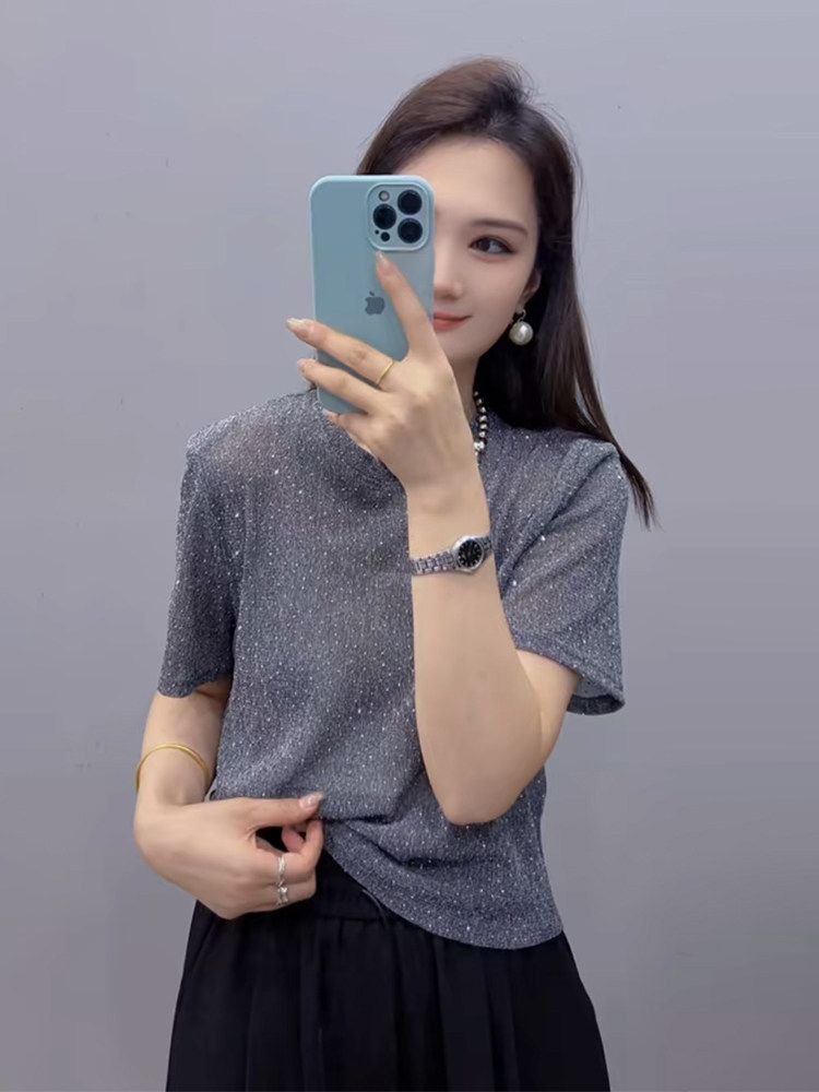 반팔 셔링티셔츠 퍼프소매 반짝이 댄스복 셔링블라우스 긴팔 여름 여성 레이스 남방 시스루 - 상세 이미지 2