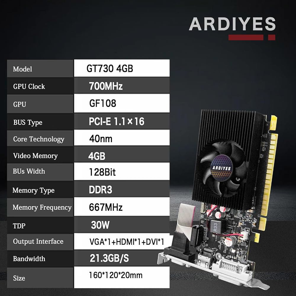 ARDIYES GT 730 4GB 로우 프로파일 GPU 그래픽 카드, 64비트 GDDR3 비디오 냉각 팬이 있는 DVI VGA HDMI 카드 - 상세 이미지 2