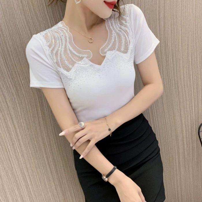 브이넥 반팔 댄스복 여름 라인 펄 반짝이 레이스 빅사이즈 블랙 M - 상세 이미지 3