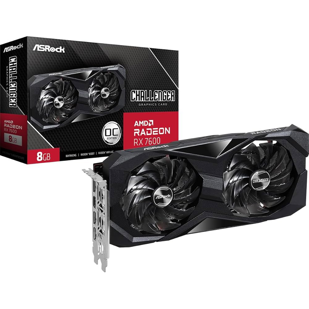 ASRock Radeon RX 7600 챌린저 8GB OC 그래픽 카드, AMD RDNA 3 아키텍처, GDDR6, PCIe 4.0, 듀얼 팬, 0dB 사일런트 쿨링, HDMI - 상품 이미지