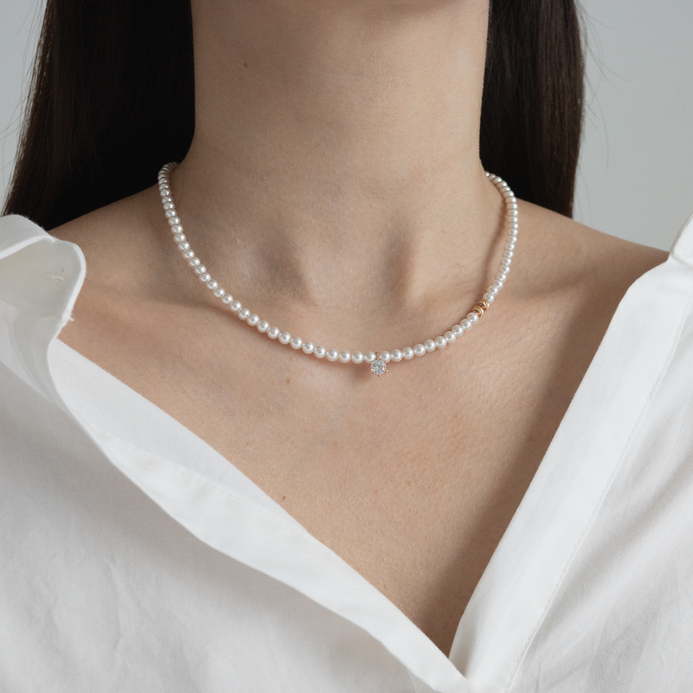 14k 4mm 컷팅볼 큐빅 진주 비드 목걸이 OPPN0156 - 상세 이미지 3