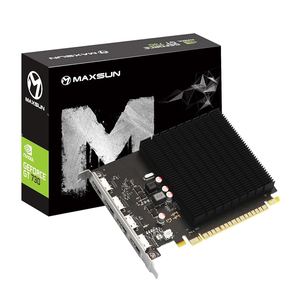 컴퓨터 PC ITX 싱글 슬롯 PCI Express 4xHDMI, 4K 쿼드 모니터 멀티 스크린용 Maxsun GeForce GT 730 4GB 비디오 그래픽 카드 GPU 2GB - 상품 이미지