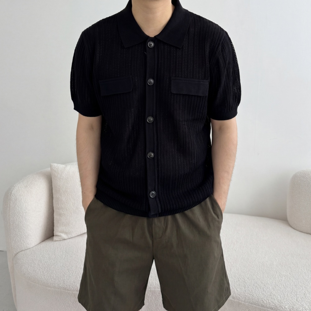 여름 오버핏 레이어드 아가일 그물 남자카라반팔가디건 자켓 - 상세 이미지 5