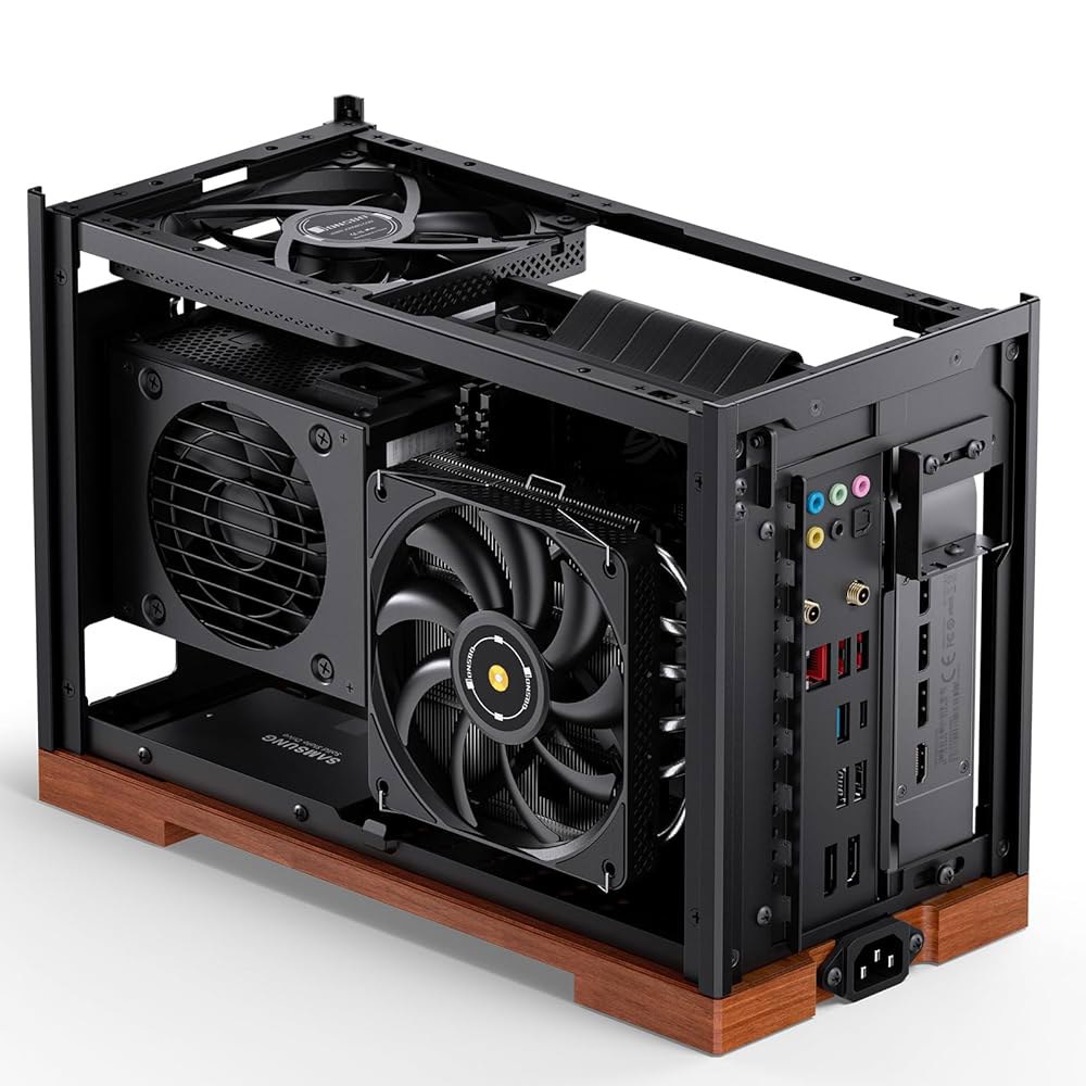 JONSBO T9 미니 ITX PC 케이스, SFF 도구 없는 메시 데스크톱 A4 구조, 블랙 호두 솔리드 우드 베이스, MB, 4mm AL, SP SFX100mm /GPU202m - 상세 이미지 3