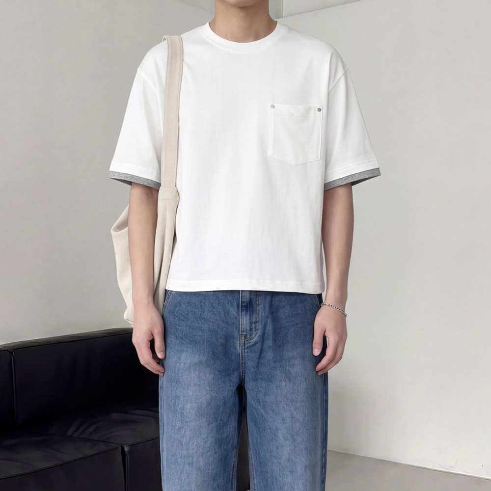 1+1 남자레이어드반팔티 포켓반팔 오버핏면반팔티 - 상품 이미지