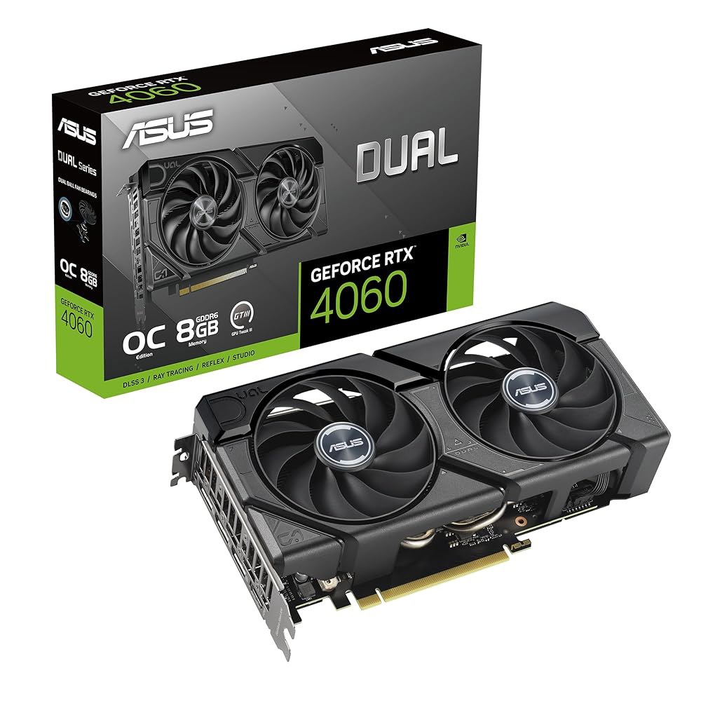 ASUS 듀얼 지포스 RTX 4060 EVO OC 에디션 8GB GDDR6(PCIe 4.0, GDDR6, DLSS 3, HDMI 2.1a, 디스플레이포트 1.4a, 축류 팬 디자인 - 상품 이미지