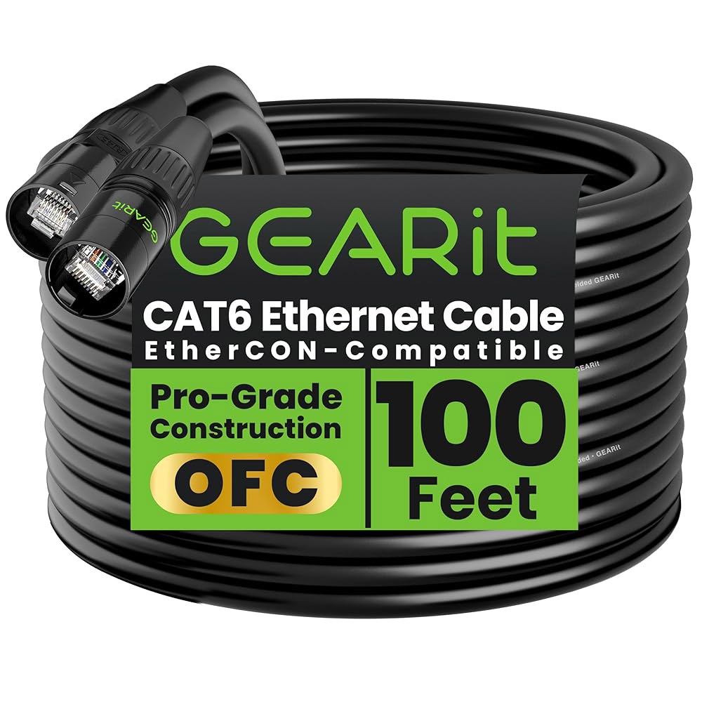 스튜디오, 무대, 콘서트를 위한 GIERit 차폐 CAT6 Ethercon 케이블(100피트) 프로페셔널 오디오 및 조명 RJ45 EtherCON 호환 케이블 - 100피트 블랙 - 상품 이미지
