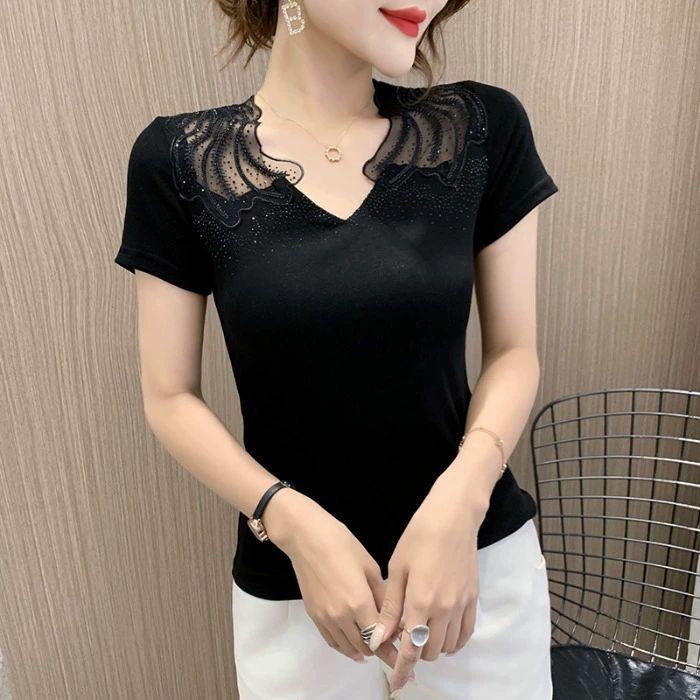 브이넥 반팔 댄스복 여름 라인 펄 반짝이 레이스 빅사이즈 블랙 M - 상세 이미지 4