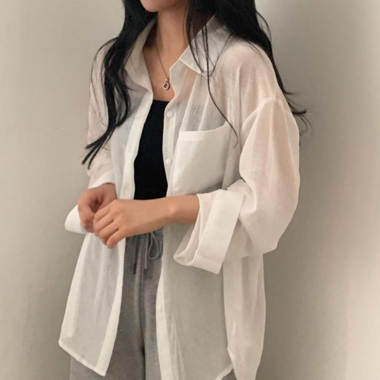 핫서머 시스루 박시 화이트 남방 셔츠 HES-1008757 - 상품 이미지