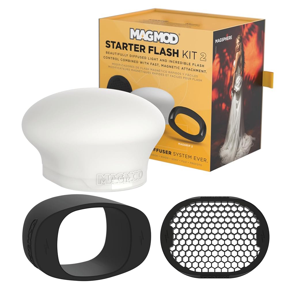 MagMod 스타터 플래시 디퓨저 키트 2, 카메라 온 및 오프 촬영용 마그네틱 수정기 세트, MagGrip MagGrid 2 MagSphere 포함, 모든 스피드라이트의 99 - 상품 이미지