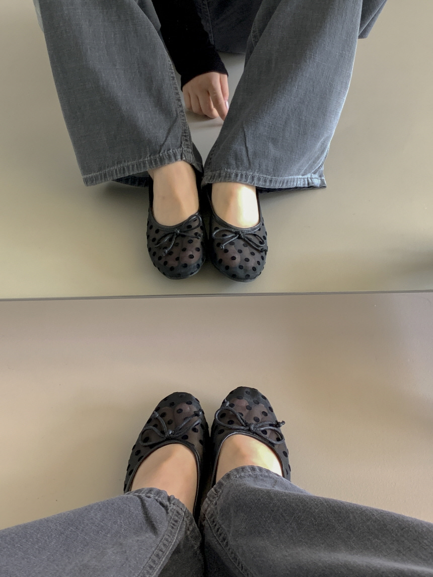 여성 도트 시스루 플랫슈즈 땡땡이 리본포인트 발레리나 단화 이미지 7