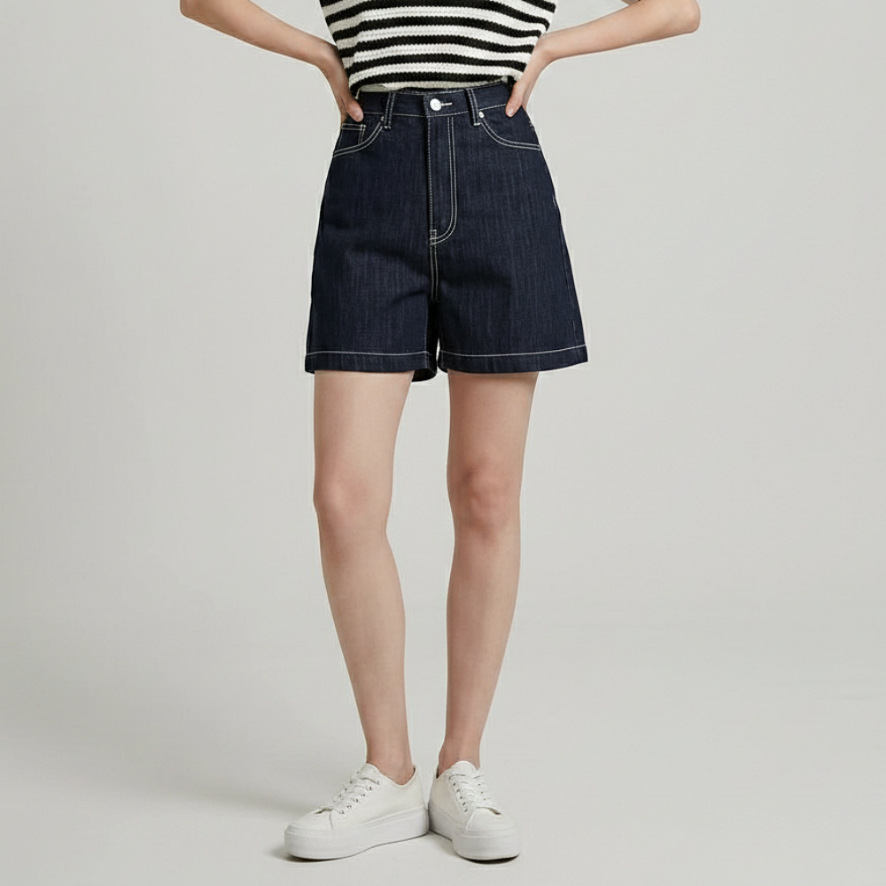 여름 생지 진청 4부 반바지 데님 숏팬츠 하이웨스트 - 상품 이미지