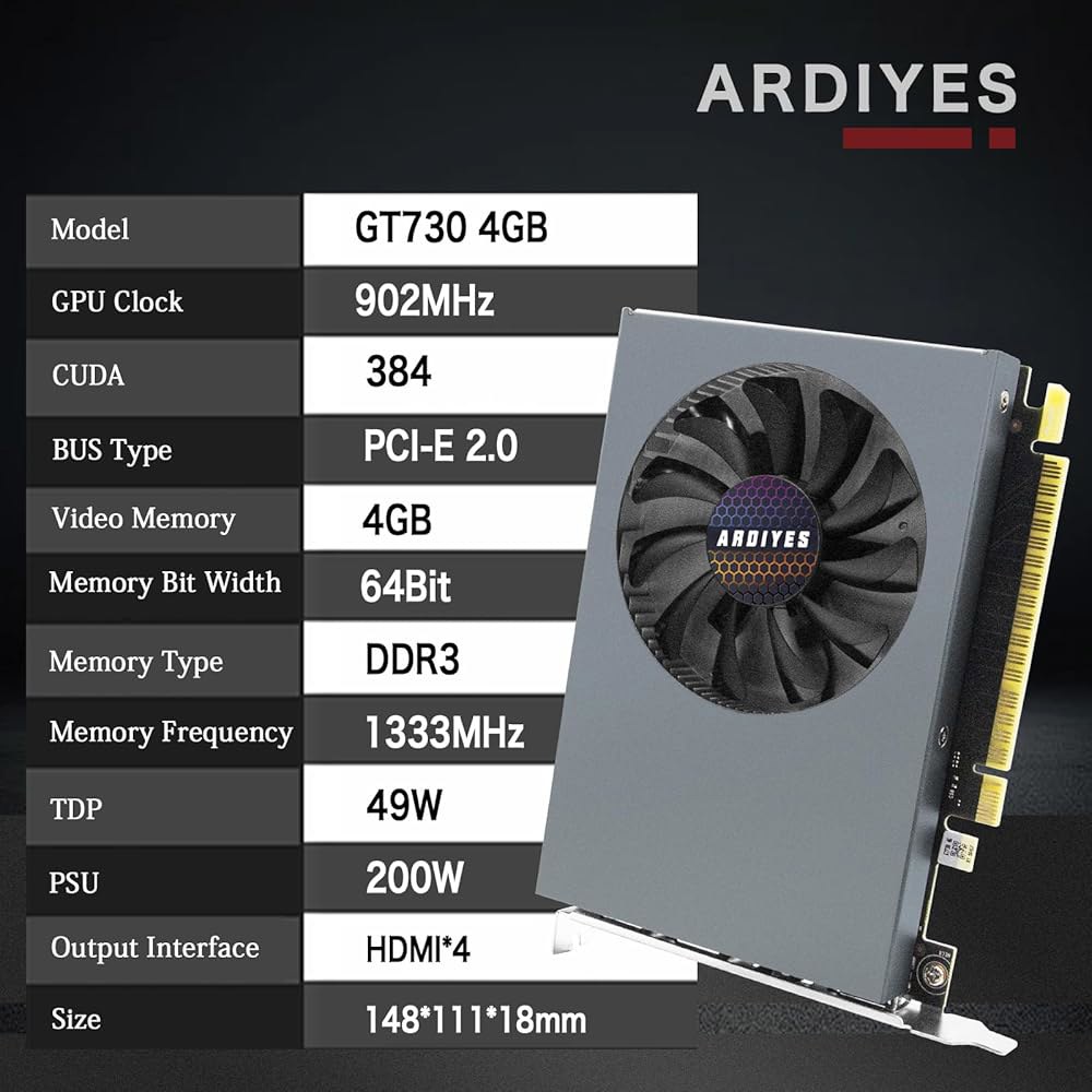 ARDIYES GT 730 4GB GDDR3 GPU 4X HDMI 그래픽 카드, 독립 디스플레이 멀티 모니터 설정 4개, 컴퓨터 PC ITX 싱글 슬롯 PCI Express용 64 - 상세 이미지 2