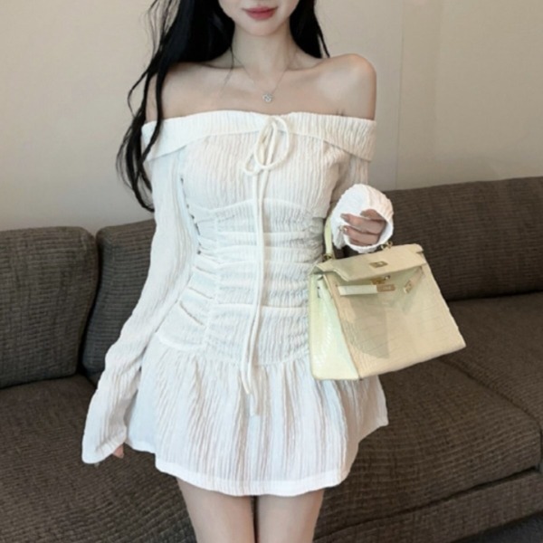 일자넥 리본 긴팔 미니 원피스 플리츠 레이스 아이보리 코디 여성 - 상세 이미지 4
