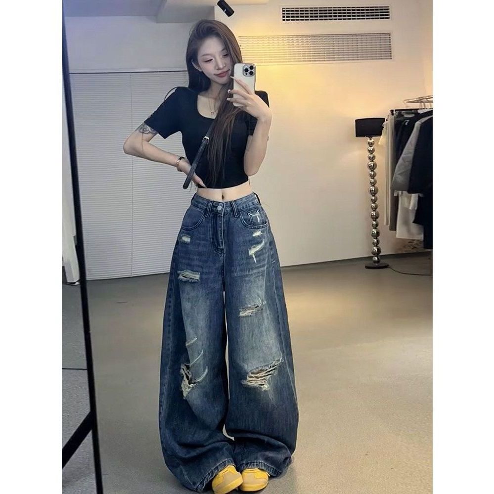 청바지 밴딩 빅사이즈 여자 플레어 데님 슬랙스 스판 일자 밴딩팬츠 와이드슬랙스 팬츠 와이드 블루 M - 상품 이미지