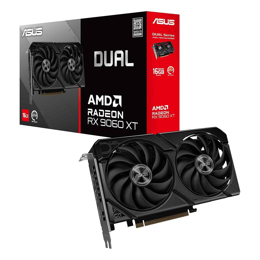 ASUS 듀얼 라데온 RX 9060 XT 16GB GDDR6 그래픽 카드(PCIe 5.0, HDMI 2.1b, 디스플레이포트 2.1a, 2.5 슬롯 디자인, 축류 팬 0dB 기술 - 상품 이미지