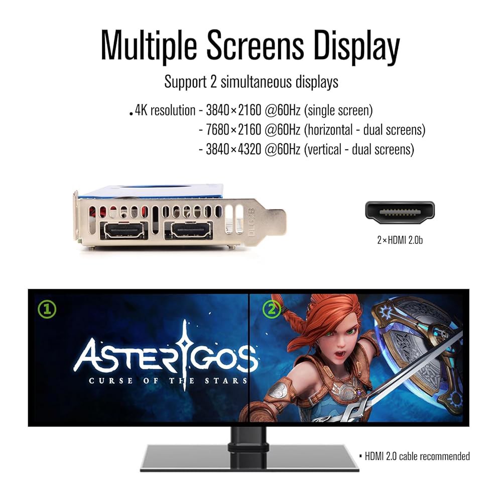 SRhonyra GT 1030 그래픽 카드 2GB 로우 프로파일 GDDR5 64비트 PCI-e 3.0 x4 호환 x8 x16 듀얼 HDMI 디스플레이 2 모니터 비디오 지원 Dir - 상세 이미지 3