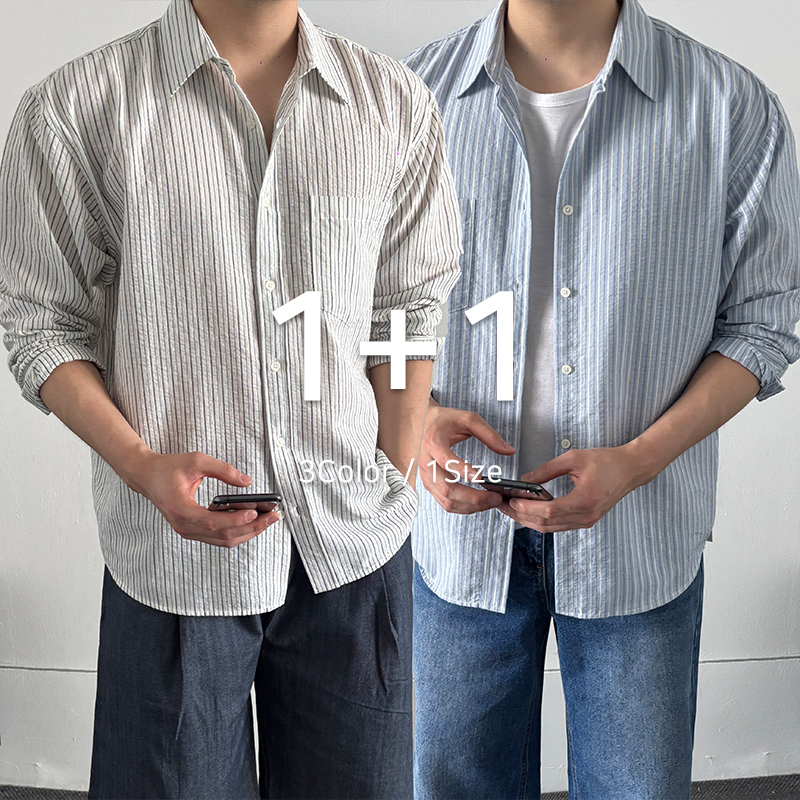 1+1 남자셔츠 크롭 남성스트라이프셔츠 - 상품 이미지