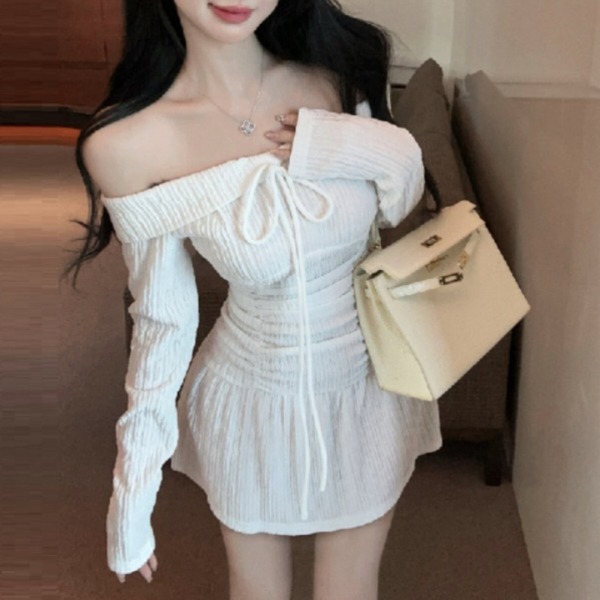 일자넥 리본 긴팔 미니 원피스 플리츠 레이스 아이보리 코디 여성 - 상세 이미지 2