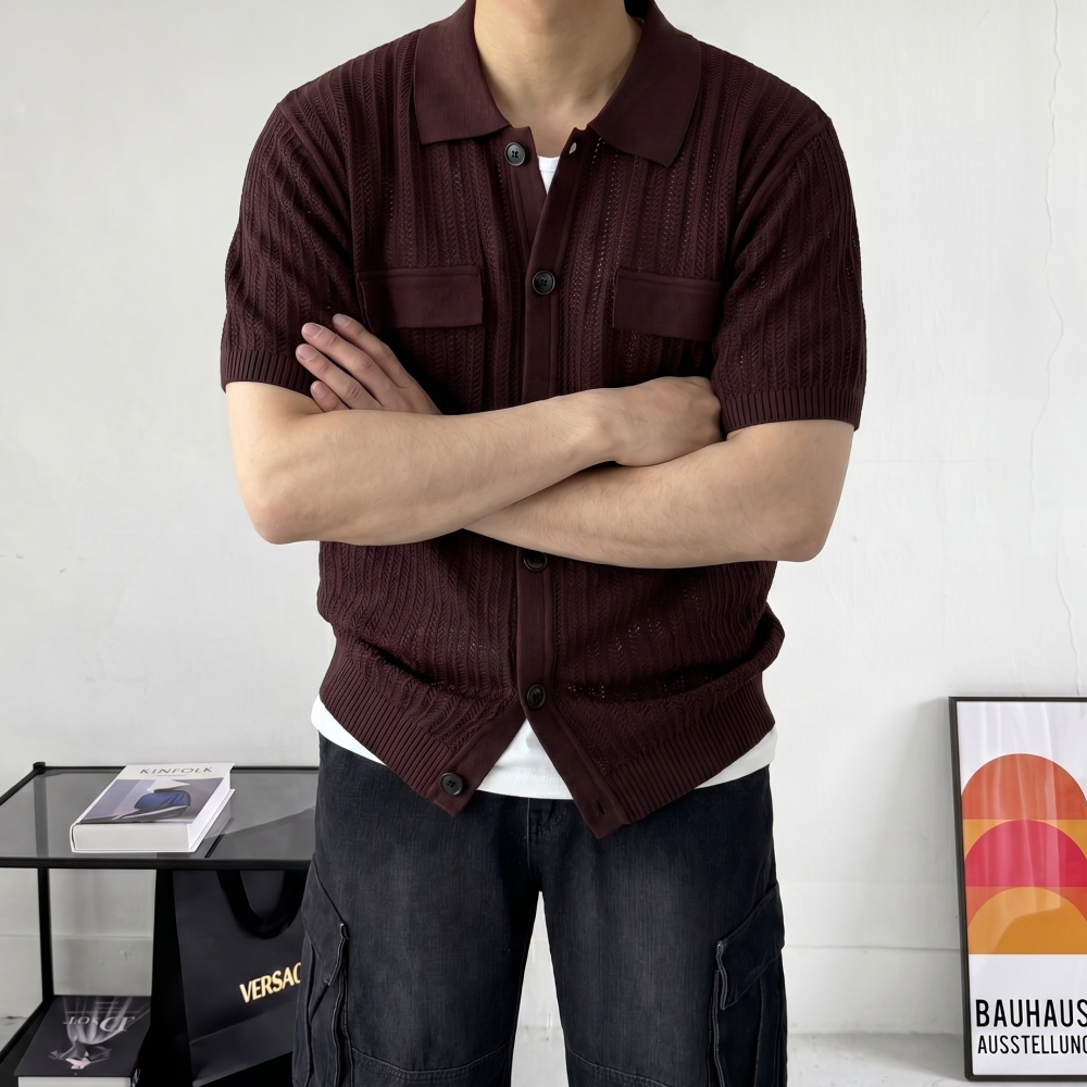 여름 오버핏 레이어드 아가일 그물 남자카라반팔가디건 자켓 - 상세 이미지 2
