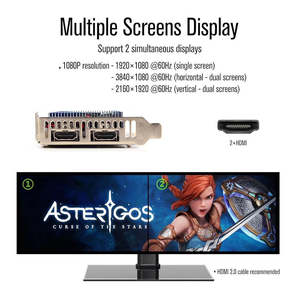 SRhonyra R5 230 로우 프로파일 그래픽 카드 2GB DDR3 듀얼 HDMI 1080P PCIe 2.0 x 16 버스 전원 지원 스플라이싱 모드 20와트 SFF GPU - 상세 이미지 2