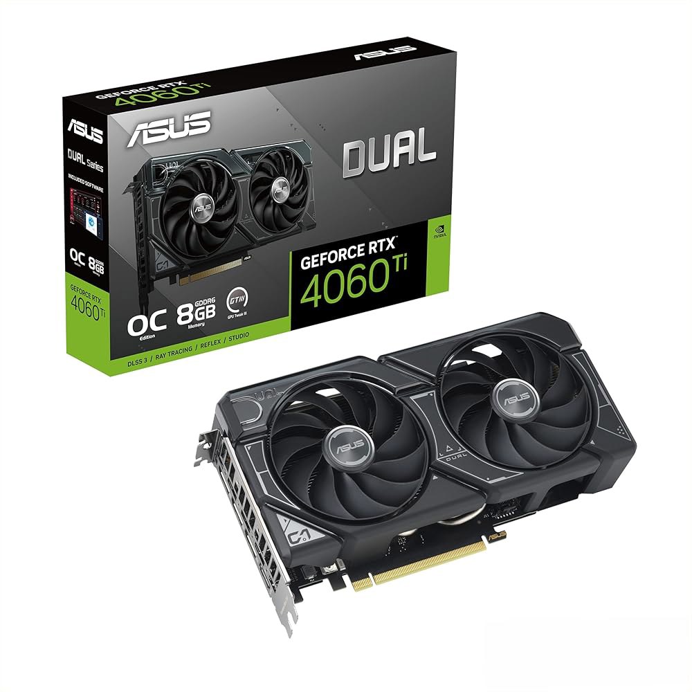 ASUS 듀얼 지포스 RTX 4060 Ti OC 에디션 8GB GDDR6(PCIe 4.0, GDDR6, DLSS 3, HDMI 2.1, 디스플레이포트 1.4a, 축류 팬 디자인, - 상품 이미지