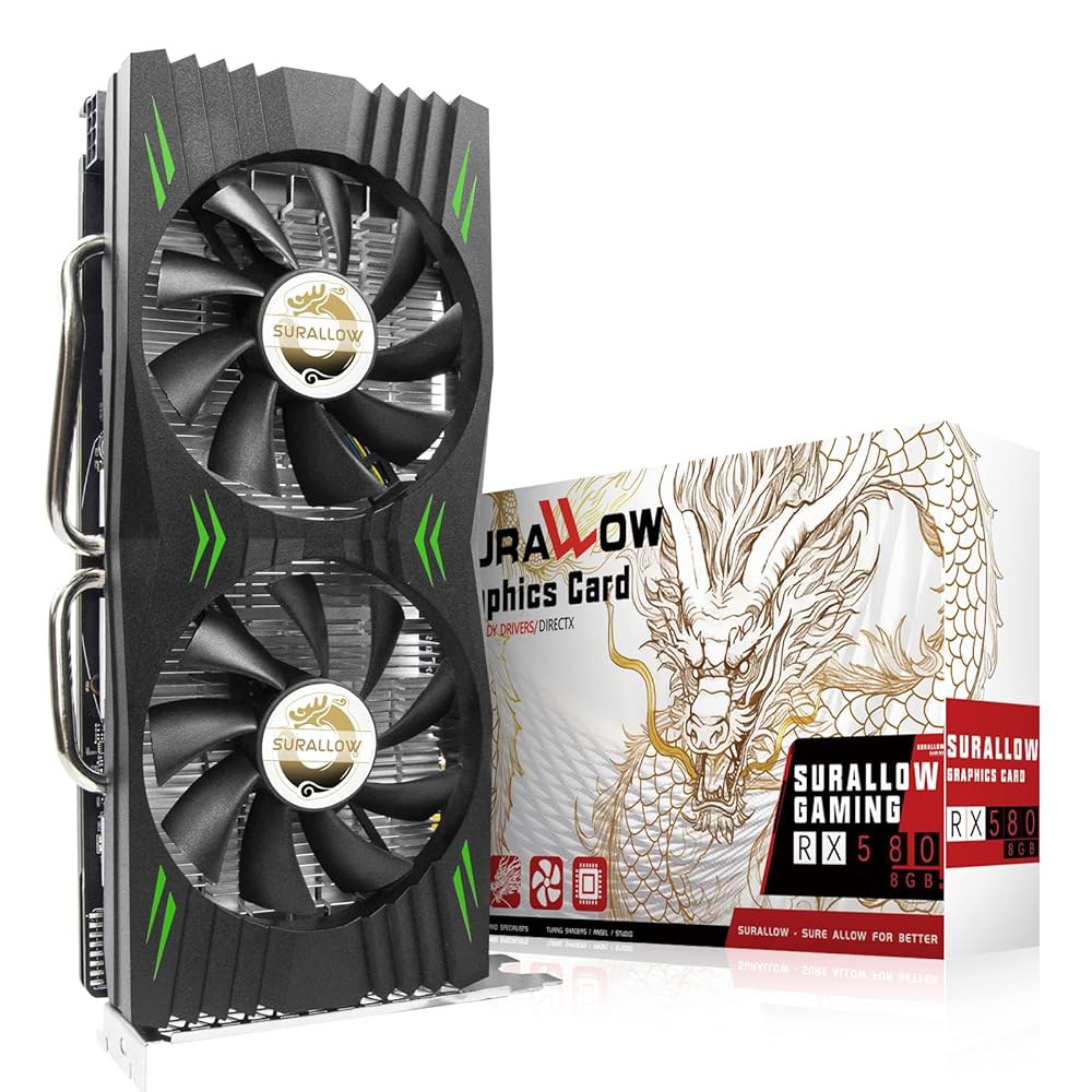 SURALLOW RX 580 그래픽 카드 8GB 2048SP, GDDR5, 256비트, PC 게이밍 비디오 카드, 3 DP, HDMI, PCI Express 3.0(게임용 데스크톱 - 상품 이미지