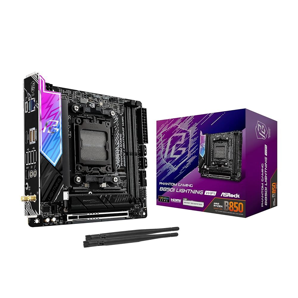 ASRock AMD B850i 라이트닝 WiFi 6E 소켓 AM5 Ryzen 9000 /8000 /7000 시리즈 DDR5 8200+ (OC) MHz 128GB 미니 ITX 마더보 - 상품 이미지