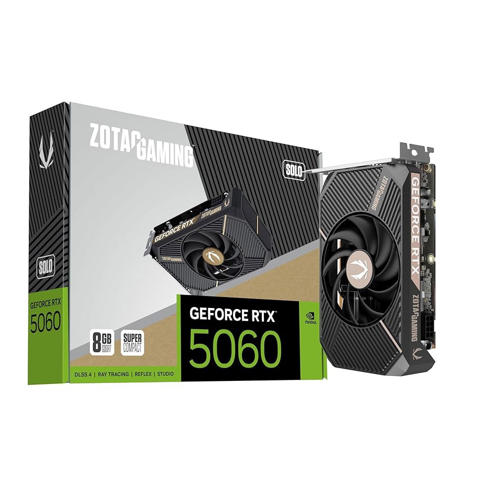 ZOTAC 게이밍 지포스 RTX 5060 솔로 DLSS 4 8GB GDDR7 128비트 28Gbps PCIE 5.0 그래픽 카드, SFF 지원 울트라 컴팩트 ZT-B50600G-1 - 상품 이미지